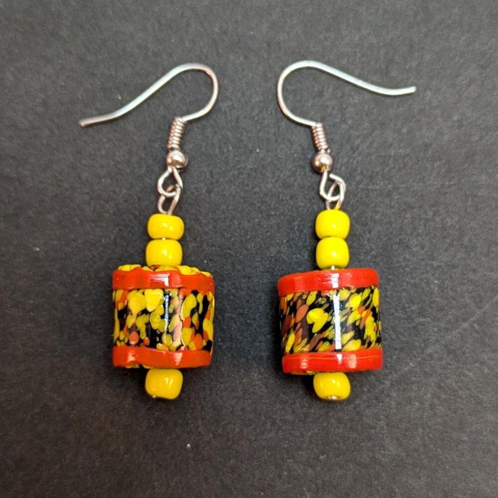 Vintage 90s Funky Fused Glass Beaded Earrings Bright Neon Handmade Maximalism
